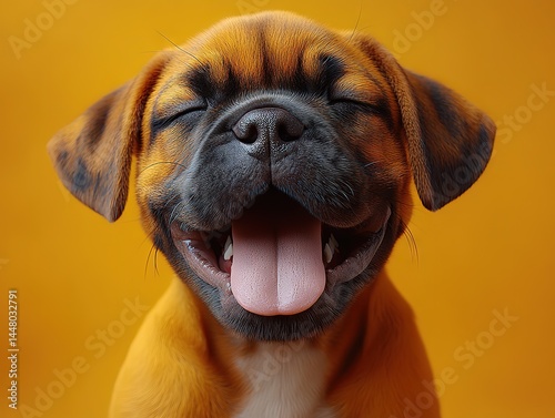 A joyful puppy with orange-black fur, closed eyes, and a wide pink tongue smiling against a vibrant yellow background.
