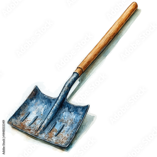 watercolor of Garden Rake With Wooden Handle, vector, isolated on a white background.