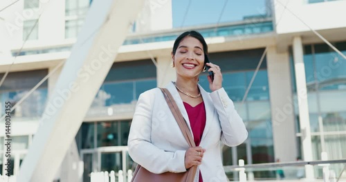 Business, woman and phone call with walking in city for property negotiation, rental agreement and discussion. Realtor, employee and speaking to contact for real estate enquiry and listing question