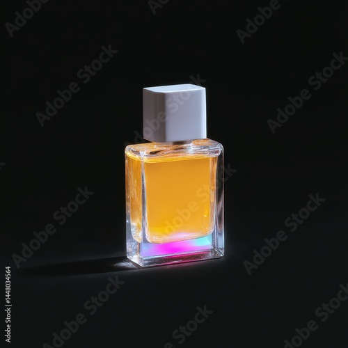Perfume bottle illuminated by ring light reflection, clean black background