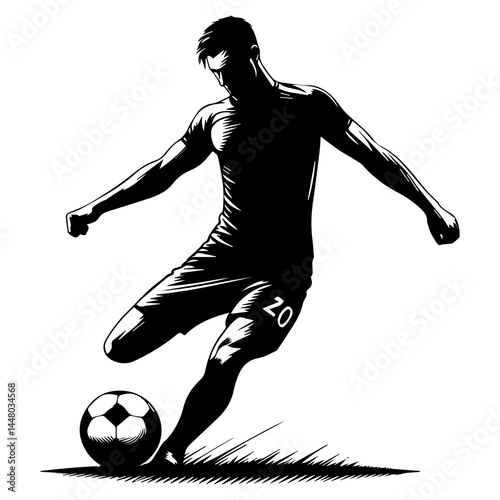 A black and white silhouette of an attacking football player with a ball on a white isolated background. Vector graphics. EPS.
