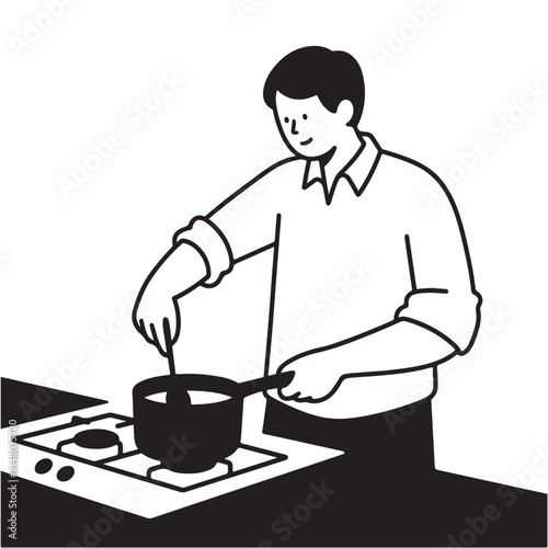 Vector graphic of a man stirring a pot on a stovetop.