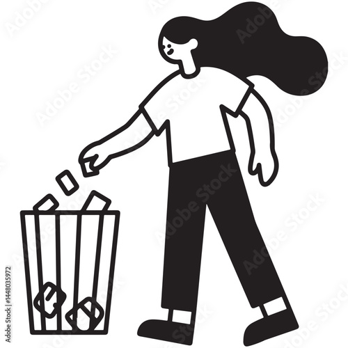 A simple line vector drawing shows a person throwing waste in a trash can and holding a ticket.