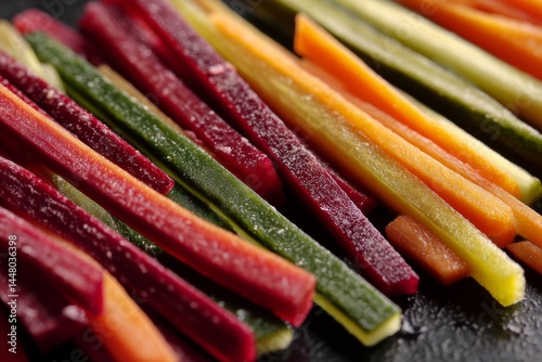 Close-up of vibrant, colorful vegetable sticks arranged on a dark, textured surface.