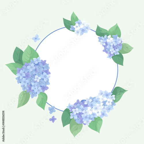 Elegant floral wreath with delicate blue and purple hydrangea Romantic card template with inflorescences hortensia elements border ideal for wedding invitations, decor flyer, print bohemian aesthetics