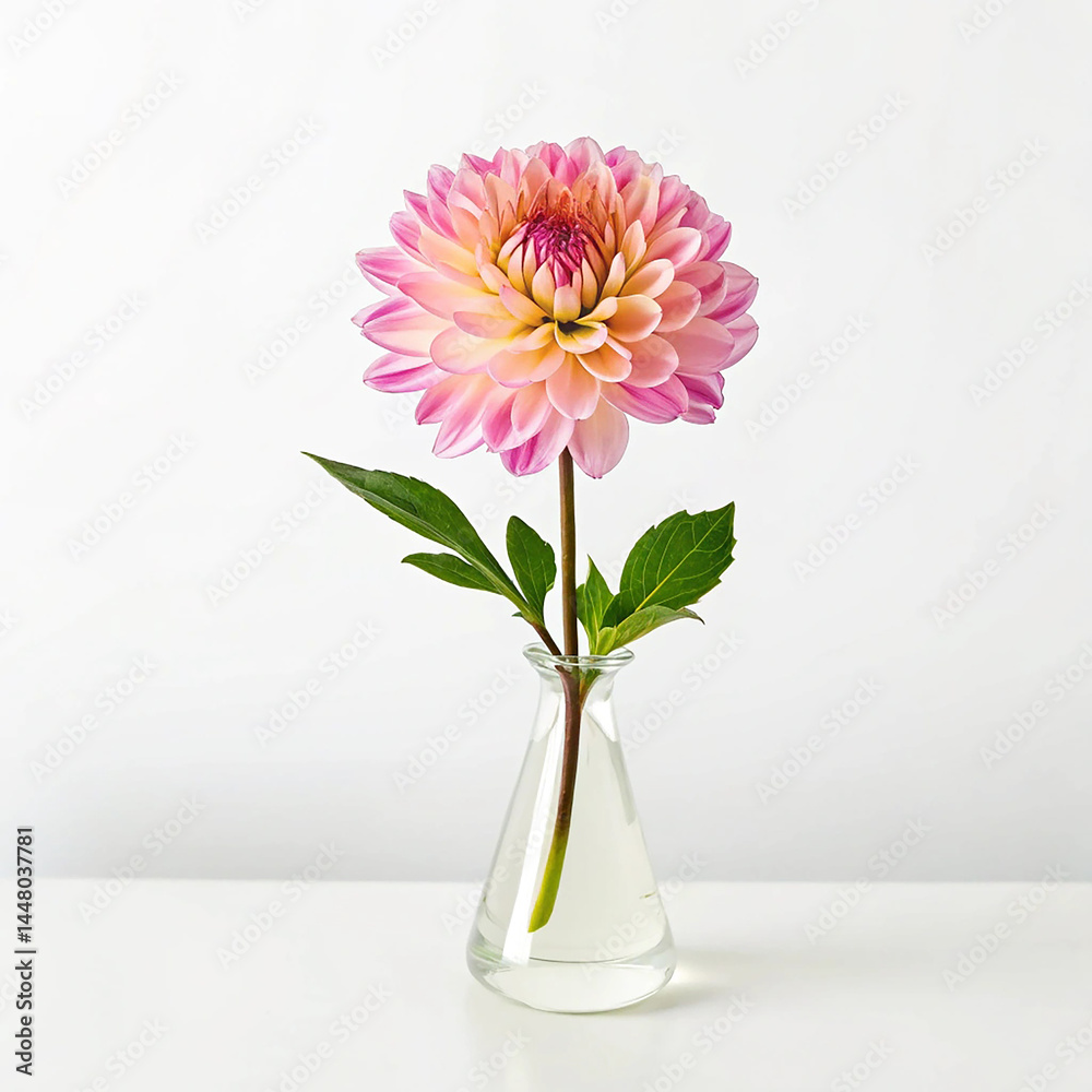 Blooming flower in vase on white surface Blooming flower in vase on white surface