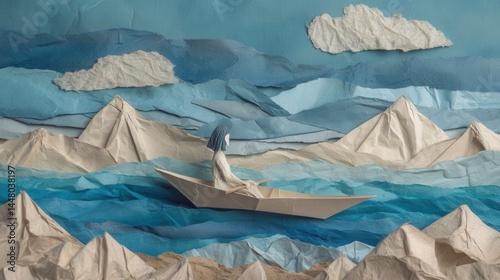 Dreamy Escape on Paper Waves, a whimsical scene featuring a person in a paper boat navigating through a surreal landscape of ripped paper seas and majestic mountains.