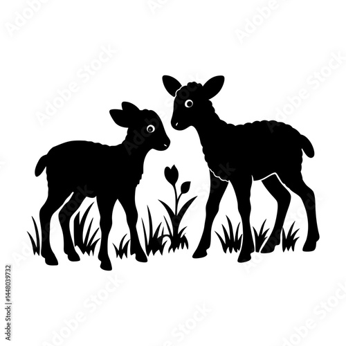 Spring Lambs playing in a meadow silhouette