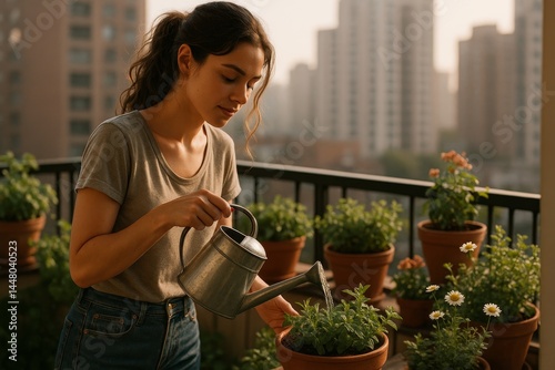 Young woman watering potted herbs and flowers on a sunny balcony, enjoying peaceful urban gardening at sunrise.

