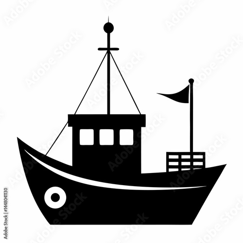 Fishing boat black vector on white background.