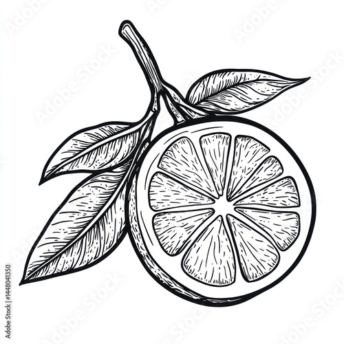 Hand-drawn illustration of a halved orange with leaves.