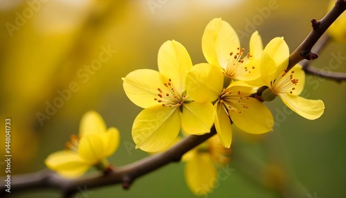 close up of yellow blossoming flowers with petals on tree branches