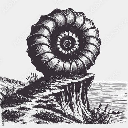 Architectural masterpiece of a spiral shell form on a cliff, harmonizing nature and artistic design.