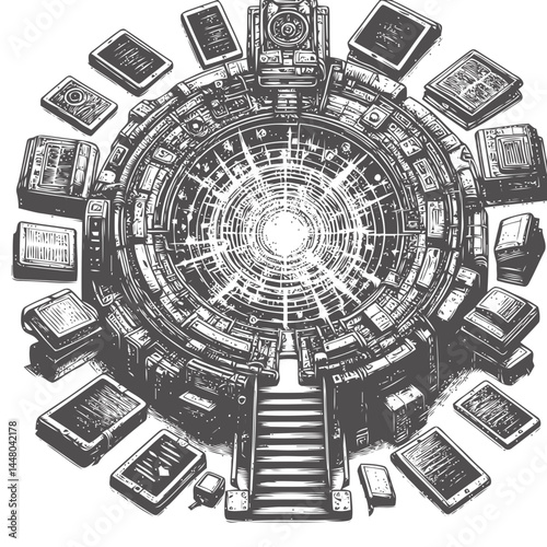 Glowing sci-fi time portal with surrounding tablets, showcasing advanced temporal mechanics and futuristic aesthetics.