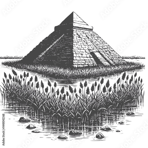 Partially submerged pyramid among thriving reeds, a symbol of the timeless connection between history and nature.