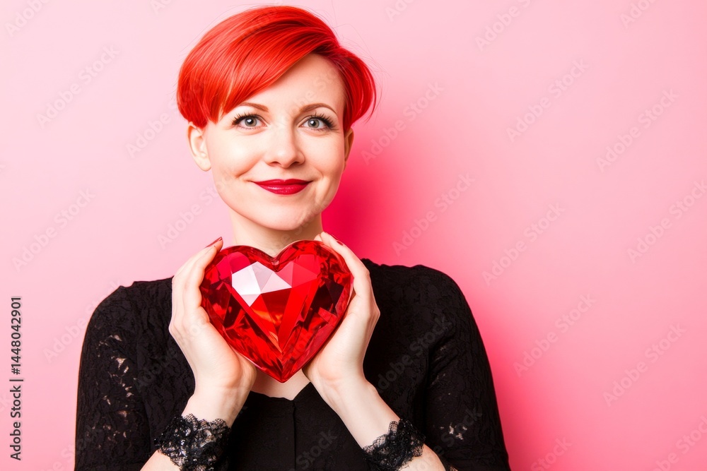 Cute Valentine's Day greeting. Professional studio visual, copy space. Isolated white adult woman on pink background with diamond heart in hands.
