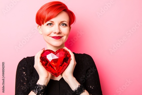 Obraz na płótnie Cute Valentine's Day greeting. Professional studio visual, copy space. Isolated white adult woman on pink background with diamond heart in hands. w salonie