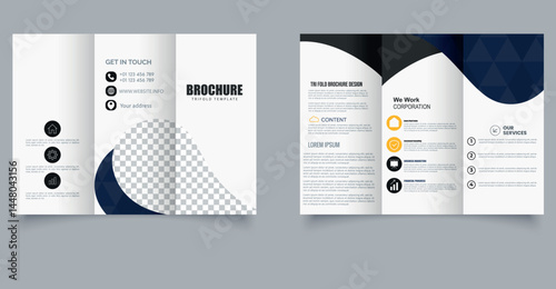 Modern Business Trifold Brochure Template with Wave Design A4 Corporate Layout for Services and Marketing. Editable image.