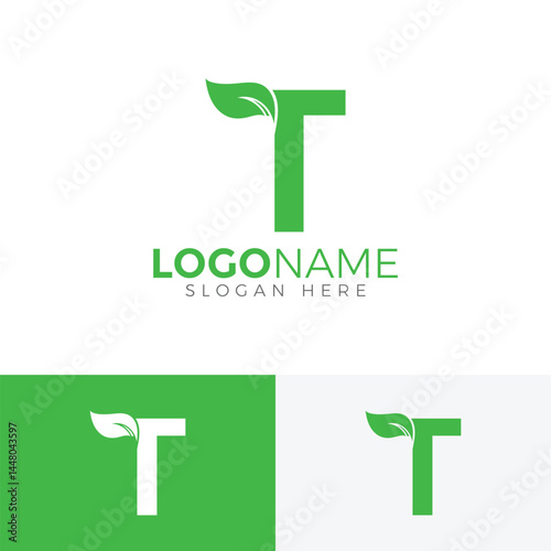 T Letter with leaf logo. Creative Letter T leaf icon