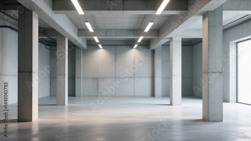 Wallpaper Mural Abstract empty modern concrete room with ceiling light shafts, thin beams, pillars, and a rough floor, highlighting industrial minimalism and architectural design.

 Torontodigital.ca