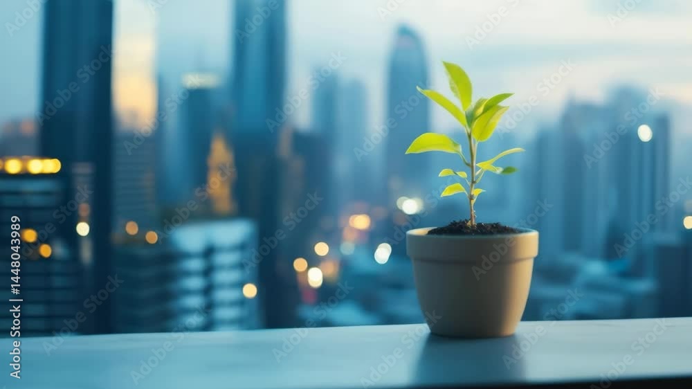 A small potted plant growing in front of a city skyline. The plant is in focus while the city is blurred, symbolizing a sense of hope and growth amid the hustle and bustle of urban life.