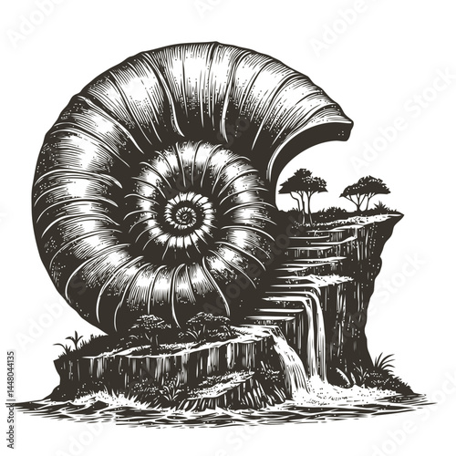 Modern spiral shell design perched on a cliff, showcasing a blend of artistic and structural ingenuity.