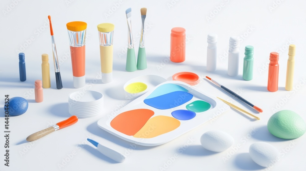 Colorful art supplies including paint, brushes, and palette on white background. Colorful art supplies including paint, brushes, and palette on white background.