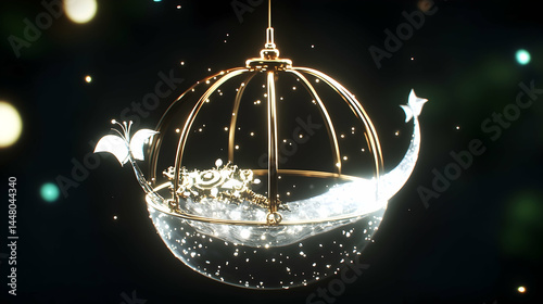 Celestial sphere with butterfly, crescent moon, and stars; night background; decorative, fantasy art