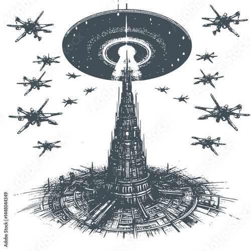 Striking alien spire with drones in orbital alignment, reflecting advanced extraterrestrial technology and futuristic aesthetics.