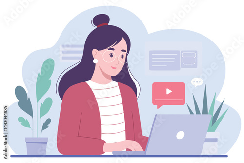 Vector of Woman Watching Online Video on Laptop, Flat Design/A young woman with long dark hair and glasses is depicted in a flat design style, focused on watching a video on a laptop computer.