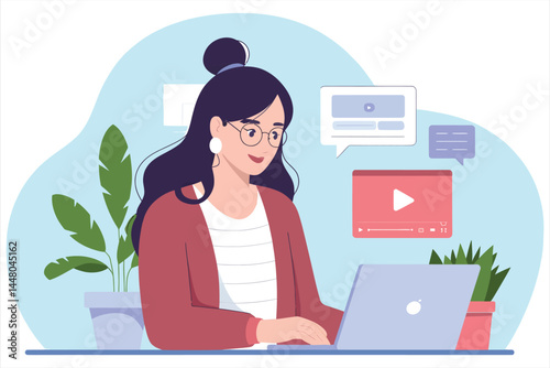 Vector Illustration of Woman Watching Online Video on Laptop, Flat Design/A cheerful young woman with long dark hair and glasses is engrossed in watching a video on her laptop.