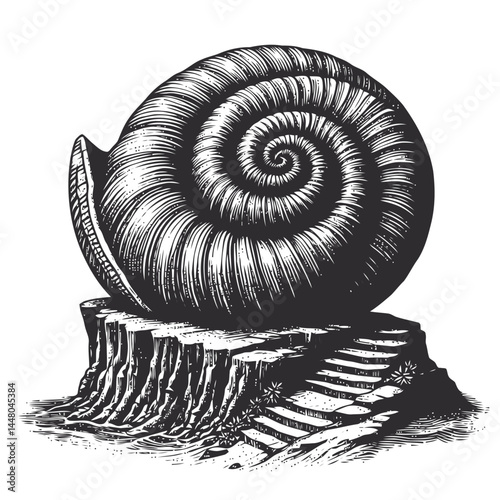 Stylish spiral shell architecture on a cliff, integrating natural beauty with contemporary design elements.