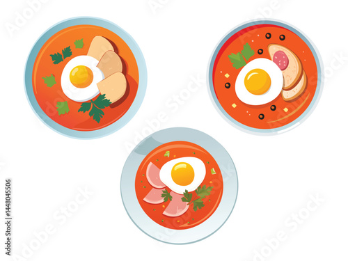 vector illustration of a spanish food Salmorejo (Thicker Tomato Soup with Bread, Topped with Ham and Egg)