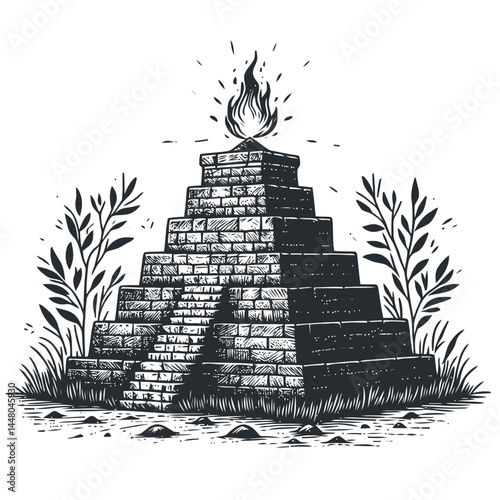 Tiny stone ziggurat crowned by fire, a representation of ancient rituals and symbolic architecture.