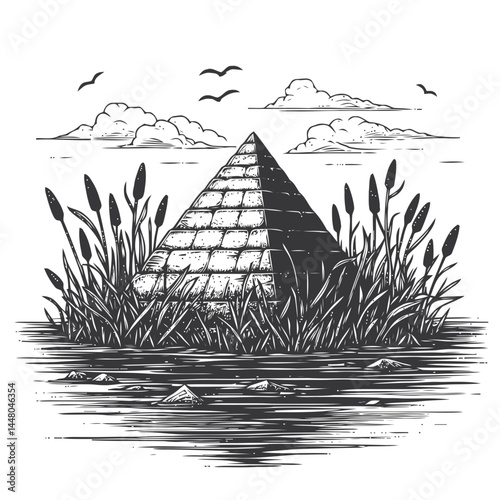 Overgrown sunken pyramid shrouded by reeds, evoking the allure of forgotten civilizations and hidden treasures.