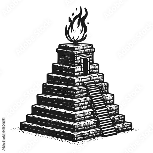 Stone ziggurat with a flame at the peak, reflecting spiritual significance and ancient cultural practices.