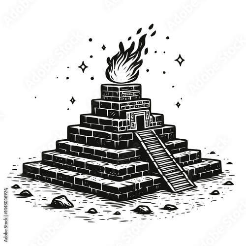 Historic stone ziggurat with fire blazing at the summit, a focal point of ancient spiritual practices.