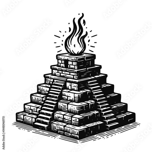 Miniature stone ziggurat with glowing fire atop, illustrating a connection to ancient ceremonial traditions.