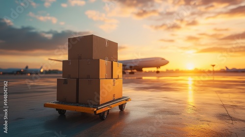 Stacked cardboard boxes on a cart at an airport runway with an airplane in the background during sunset.