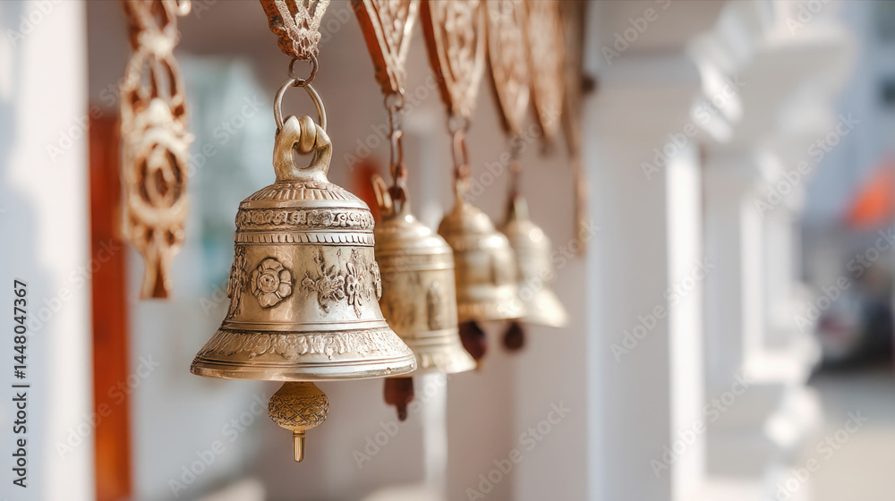 Obraz premium Golden Temple Bells Asian Religious Ornaments