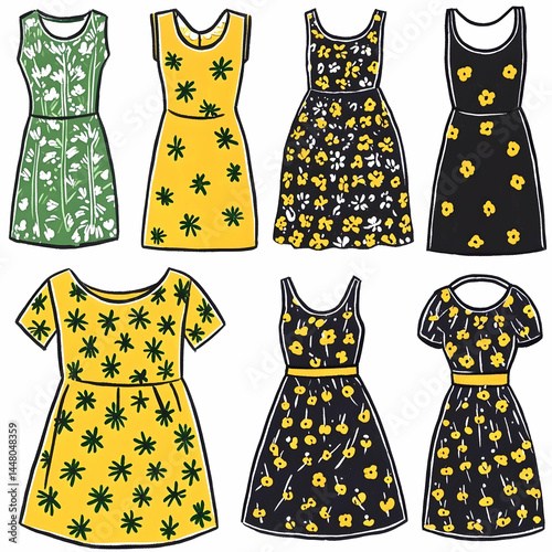 Eight floral summer dresses, fashion illustration, white background, design inspiration