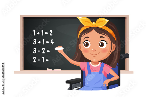 Cute cartoon girl character on wheelchair stand by blackboard with mathematical examples on school lesson.