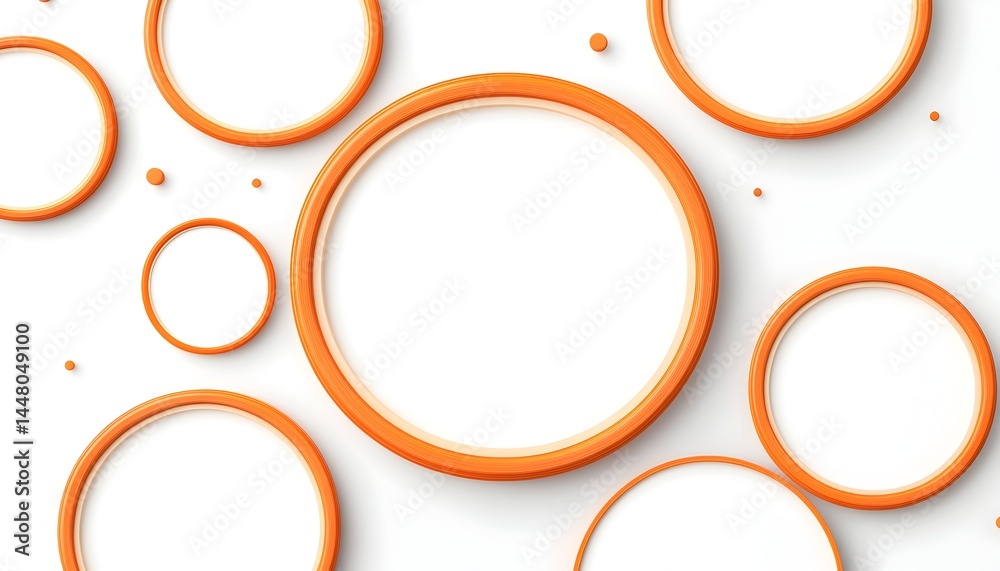 Orange circular frames of varying sizes scattered on a white background, interspersed with small orange dots Orange circular frames of varying sizes scattered on a white background, interspersed with small orange dots
