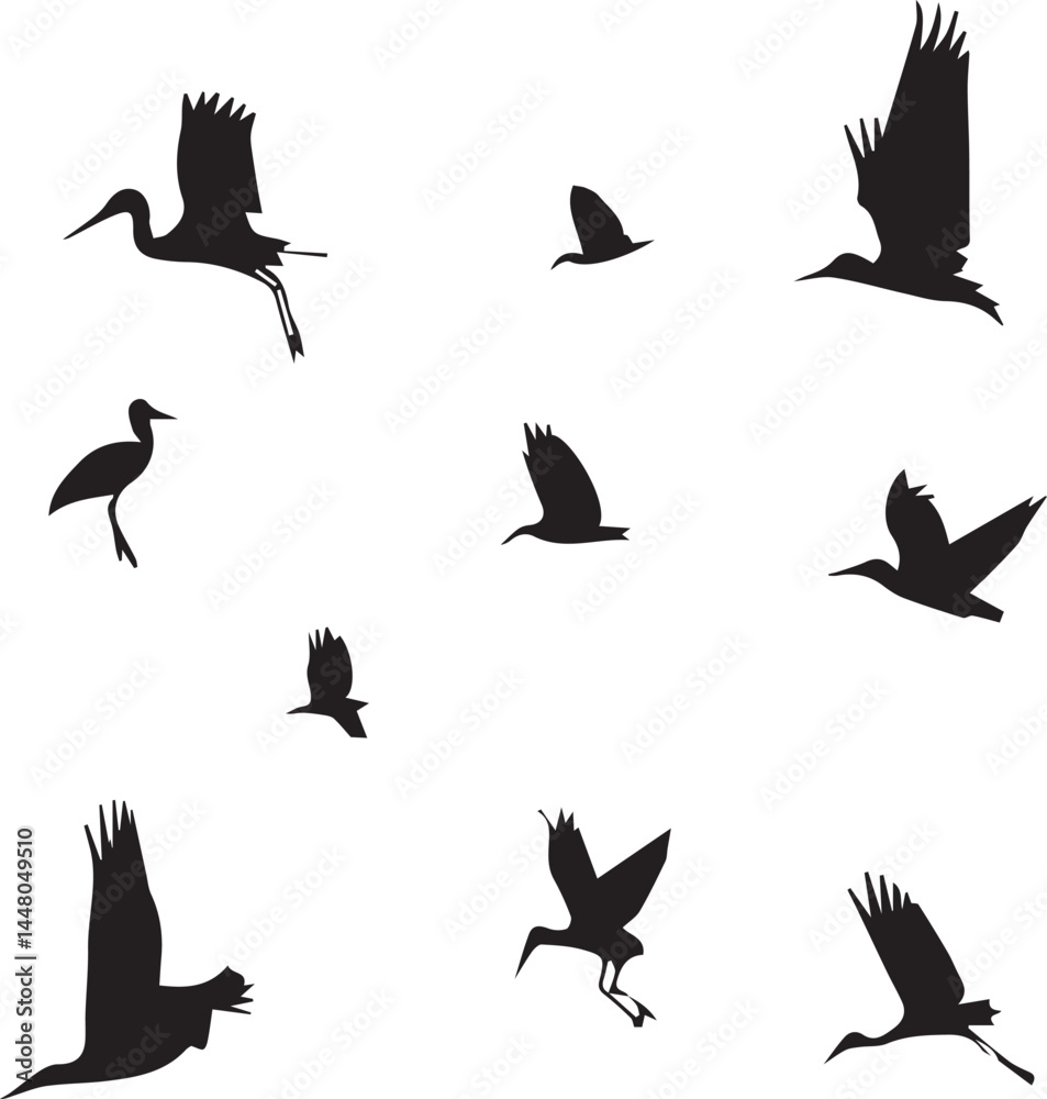 Obraz premium Heron Bird Silhouettes on Transparent Background, Elegant Heron Bird Silhouette Set