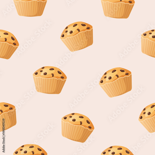 Vector seamless sweets pattern with chocolate muffin isolated on beige background.