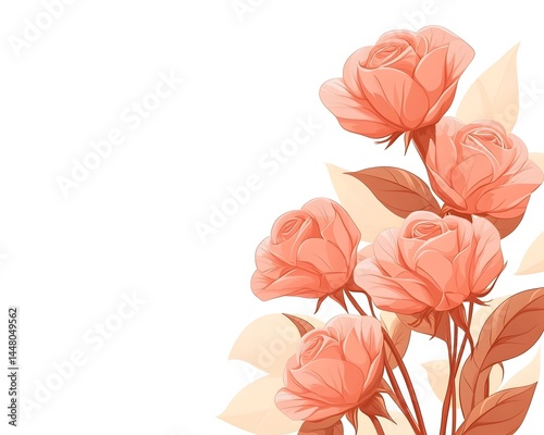 Peach roses and leaves corner design on white