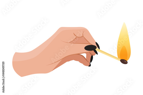 Woman hand with burning match isolated on white background.	