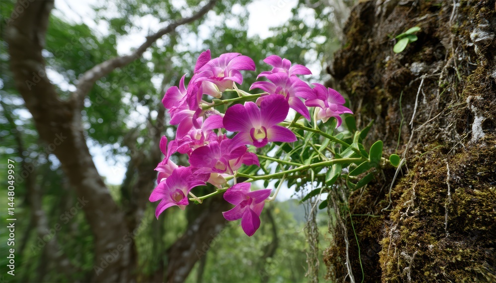Obraz premium Beautiful purple orchids blooming on a tree.