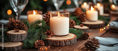 Festive Christmas Table Setting with Candles and Pine Cones.