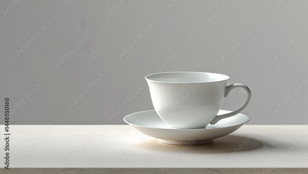 The pristine white teacup and saucer is artfully arranged on a light-colored surface for a serene modern tea experience. The pristine white teacup and saucer is artfully arranged on a light-colored surface for a serene modern tea experience.